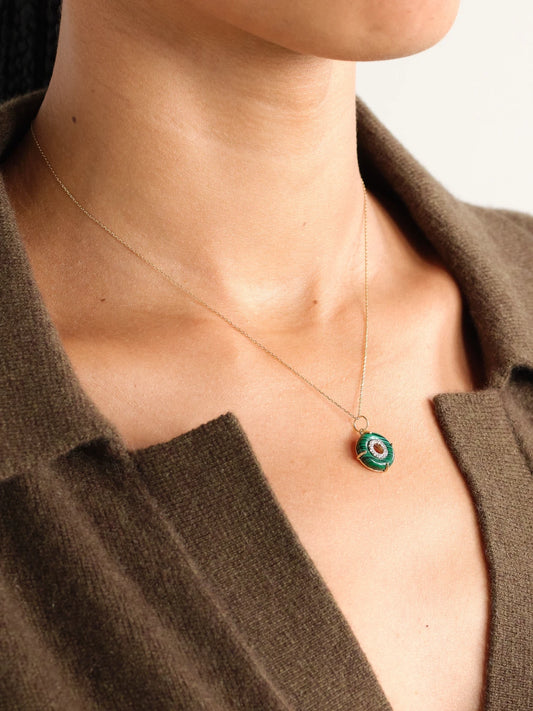 Image of Necklaces. Product name - Donut 14-karat Gold, Malachite And Diamond Necklace in Multi colour by brand - Mateo