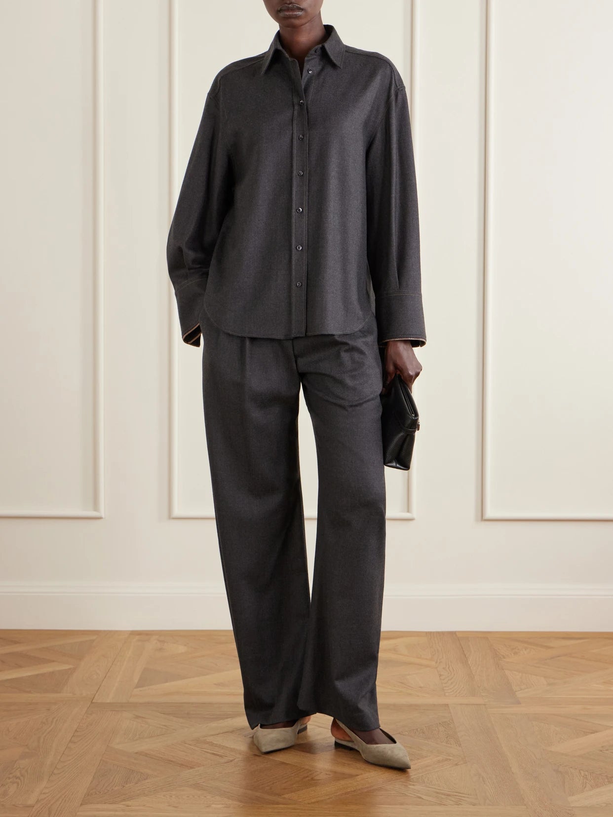 Image of a model wearing Tops. Product name - Oversized Wool Shirt in Dark gray colour by brand - Brunello Cucinelli