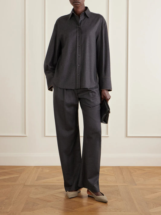 Image of a model wearing Tops. Product name - Oversized Wool Shirt in Dark gray colour by brand - Brunello Cucinelli