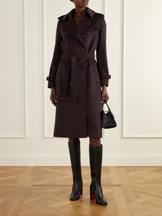 Image of Coats & Jackets. Product name - Double-breasted Belted Cashmere Trench Coat in Burgundy colour by brand - Burberry