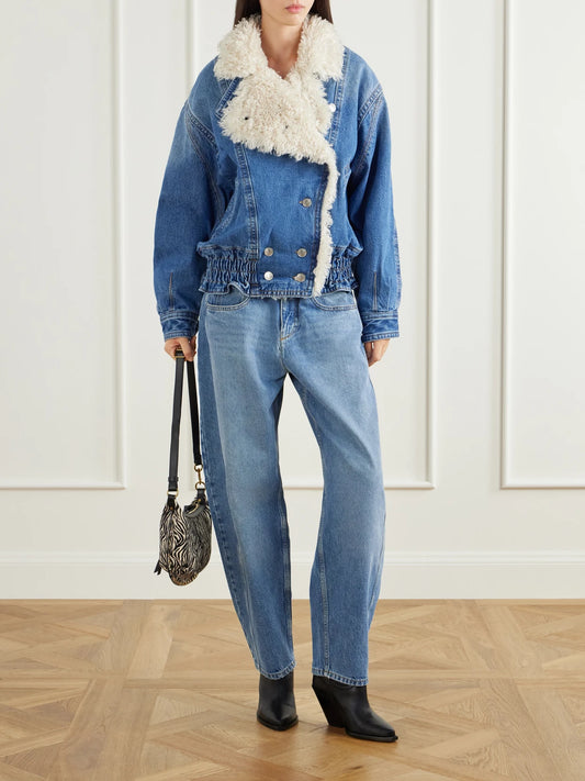 Image of Coats & Jackets. Product name - Valineo Padded Plush-trimmed Denim Coat in Blue, Off-white colour by brand - ISABEL MARANT