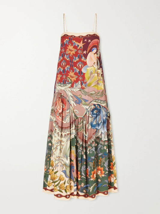 Farm Rio Lunar Boho Bead-embellished Gathered Printed Satin Midi Dress