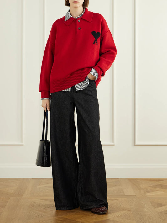 Image of a model wearing Outerwear. Product name - Virgin Wool-intarsia Polo Sweater in Red colour by brand - AMI PARIS