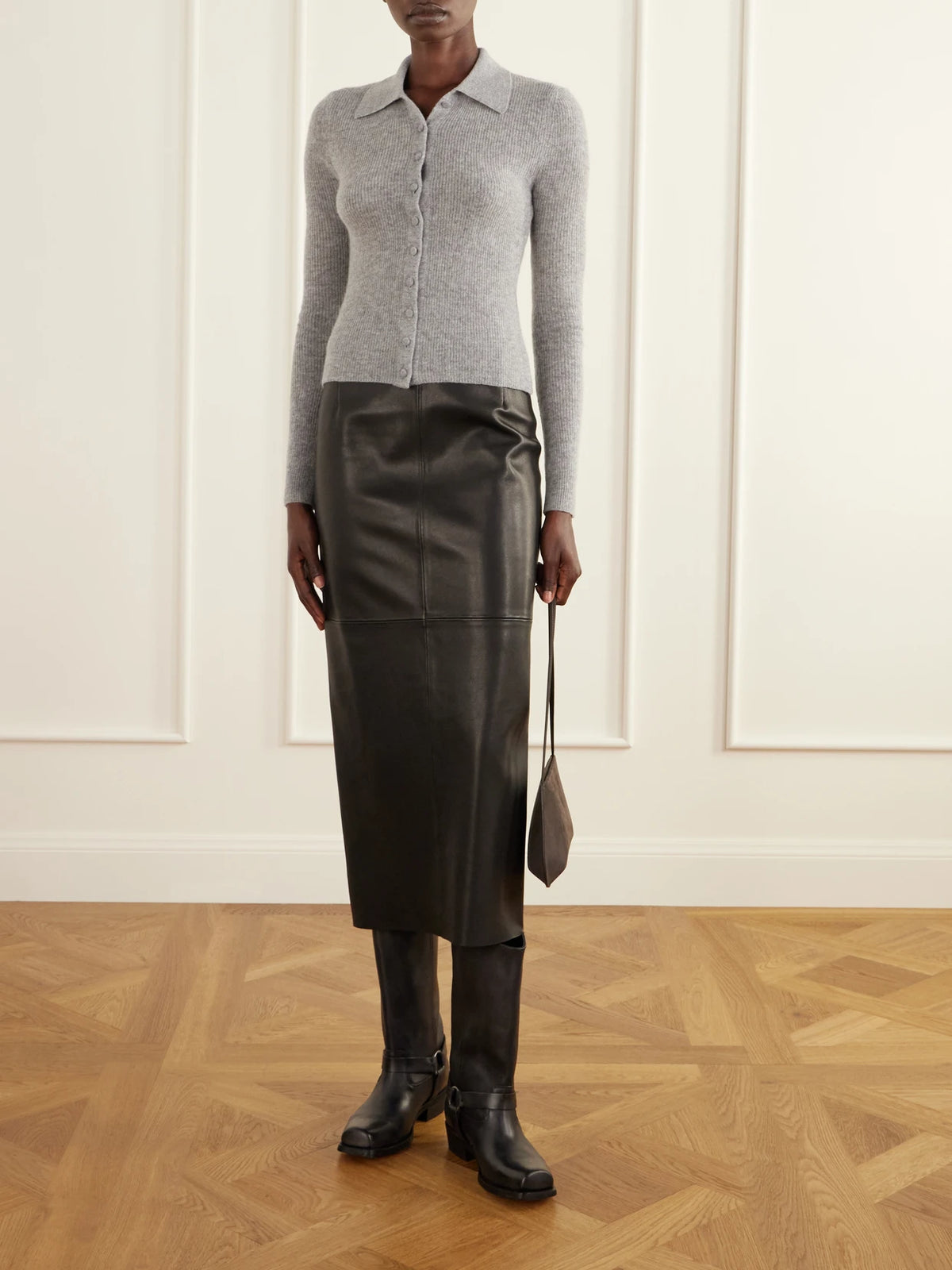Image of a model wearing Outerwear. Product name - Paloma Ribbed Cashmere And Wool-blend Cardigan in Gray colour by brand - Citizens of Humanity