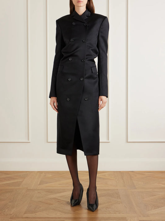 Image of Coats & Jackets. Product name - Rolon Double-breasted Wool-sateen Coat in Black colour by brand - KHAITE