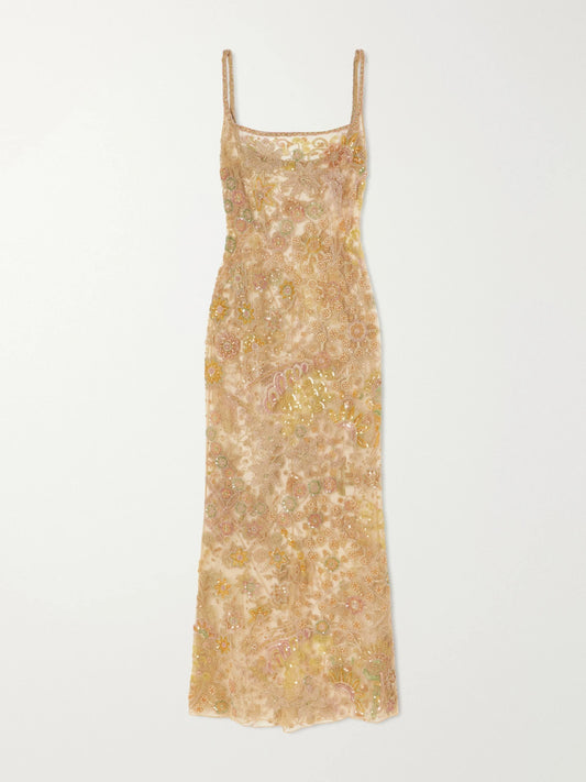 Image of Dresses. Product name - Soléa Embellished Tulle Gown in Yellow colour by brand - Clio Peppiatt
