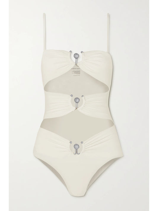 Image of Swimwear. Product name - Embellished Cutout Swimsuit in White colour by brand - Christopher Esber