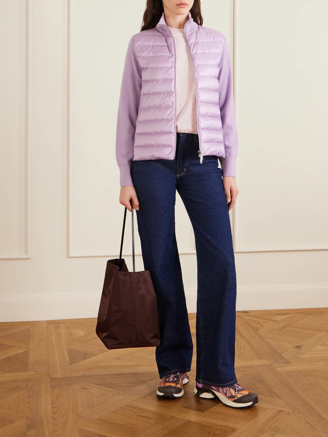 Image of Coats & Jackets. Product name - Appliquéd Wool And Quilted Shell Down Cardigan in Lilac colour by brand - Moncler