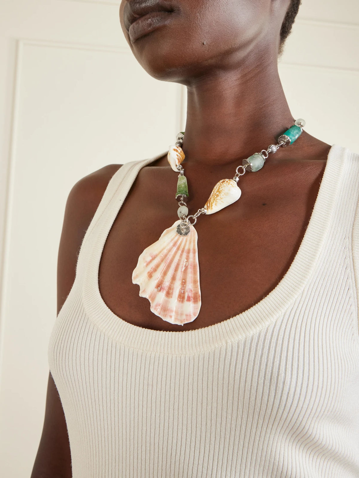Image of Necklaces. Product name - Samsara Sterling Silver And Seashell Beaded Necklace in Green colour by brand - Tohum
