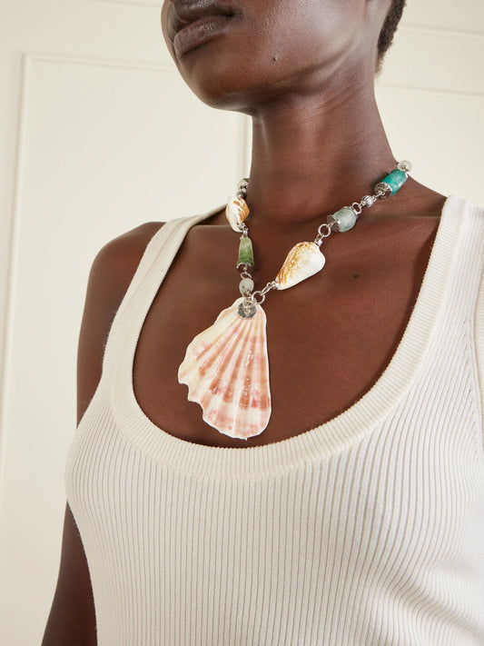 Image of Necklaces. Product name - Samsara Sterling Silver And Seashell Beaded Necklace in Green colour by brand - Tohum