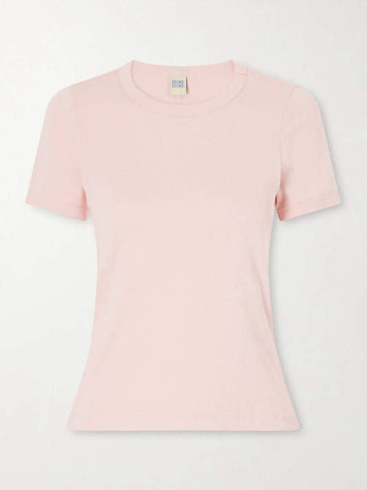 Image of a model wearing Tops. Product name - Car Organic Cotton-jersey T-shirt in Pastel pink colour by brand - FLORE FLORE