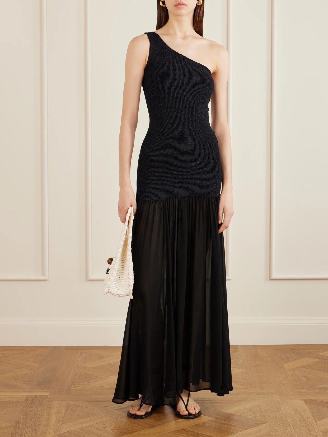 Image of Dresses. Product name - Nancy Hybrid One-shoulder Original Crinkle And Chiffon Cover-up in Black colour by brand - Hunza G