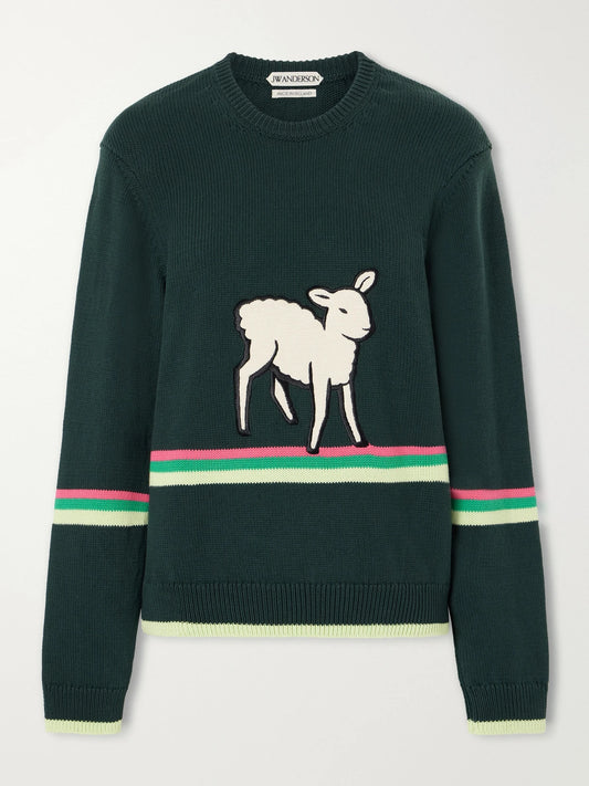 Image of a model wearing Outerwear. Product name - Sheep Embroidered Striped Cotton Sweater in Forest green colour by brand - JW Anderson