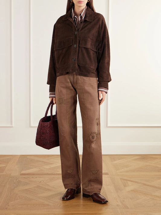 Image of Jeans. Product name - Embellished Paneled Upcycled Mid-rise Straight-leg Jeans in Brown colour by brand - Kartik Research