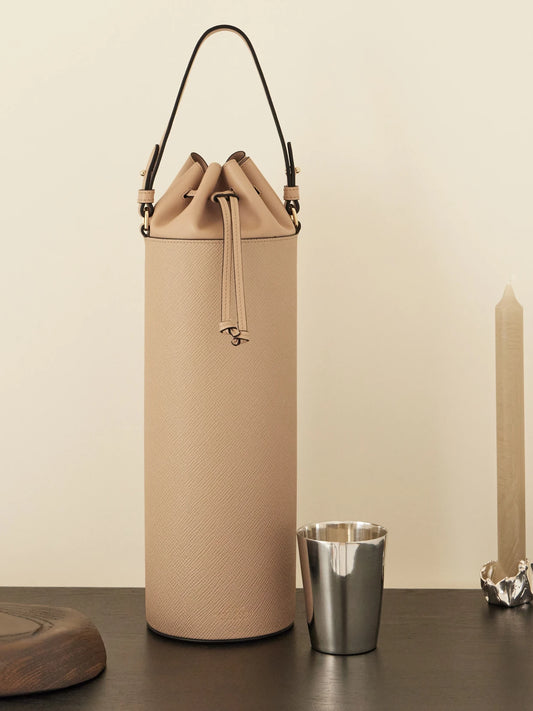 Image of Tableware. Product name - Grained Textured-leather Wine Tote in Stone colour by brand - Smythson