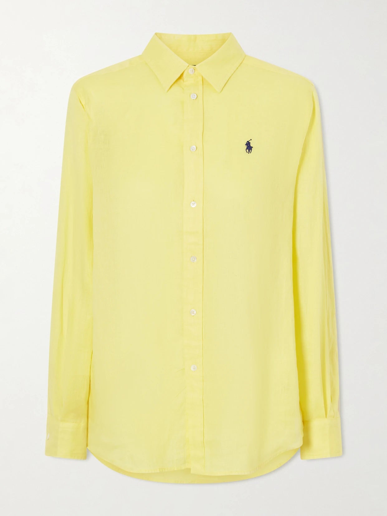 Image of a model wearing Tops. Product name - Logo-embroidered Linen Shirt in Yellow colour by brand - Polo Ralph Lauren