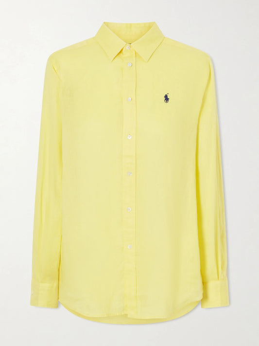 Image of a model wearing Tops. Product name - Logo-embroidered Linen Shirt in Yellow colour by brand - Polo Ralph Lauren