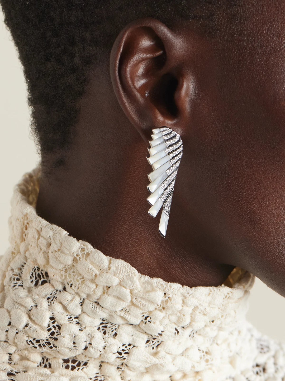Image of Earrings. Product name - Wings Rising 18-karat White Gold, Mother-of-pearl And Diamond Earrings in Multi colour by brand - Garrard