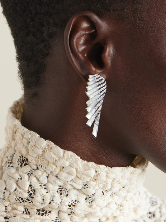 Image of Earrings. Product name - Wings Rising 18-karat White Gold, Mother-of-pearl And Diamond Earrings in Multi colour by brand - Garrard