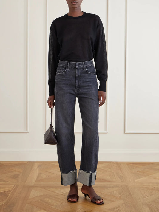 Image of Jeans. Product name - The Half Pipe Ankle Cuff Fray High-rise Barrel-leg Jeans in Black colour by brand - Mother