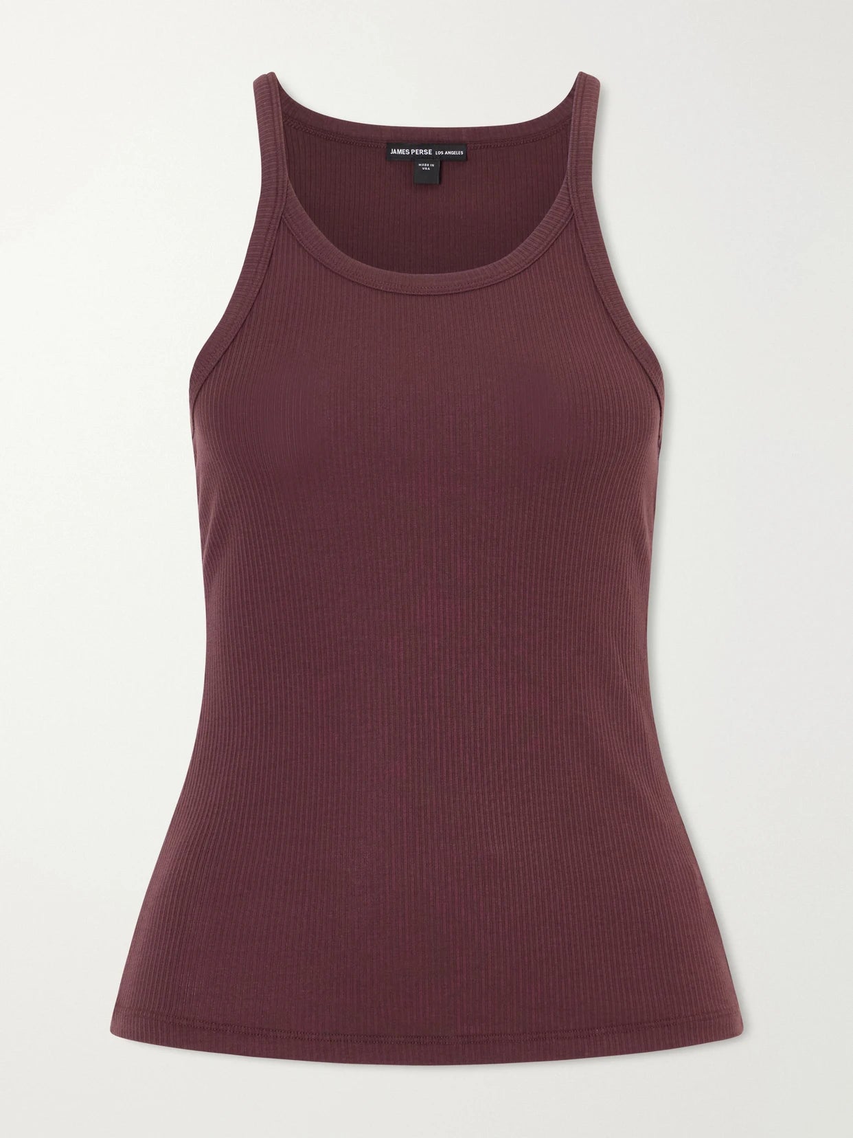 Image of a model wearing Tops. Product name - Ribbed Supima Cotton-blend Tank in Burgundy colour by brand - James Perse