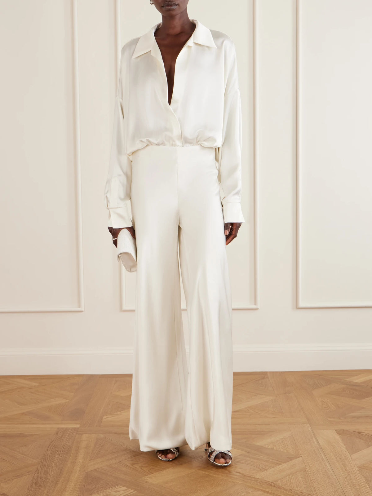Image of Bodysuits. Product name - Boyfriend Shirt Satin Bodysuit in White colour by brand - Norma Kamali