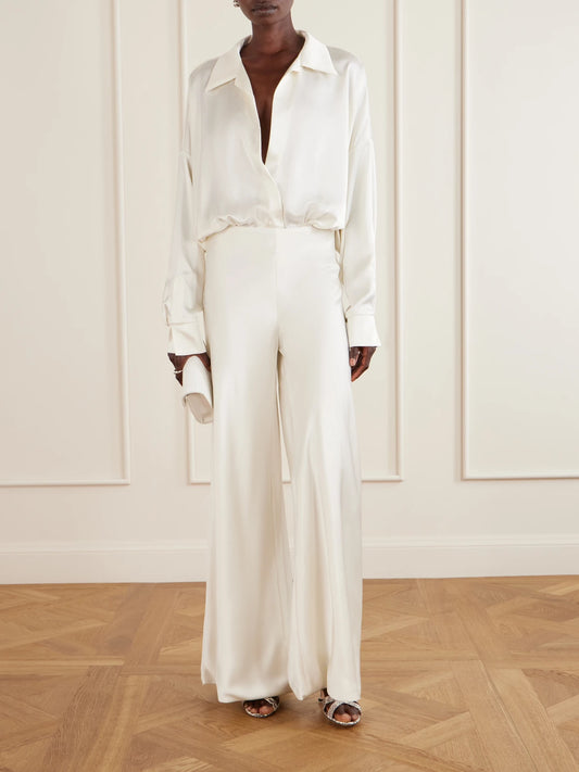 Image of Bodysuits. Product name - Boyfriend Shirt Satin Bodysuit in White colour by brand - Norma Kamali