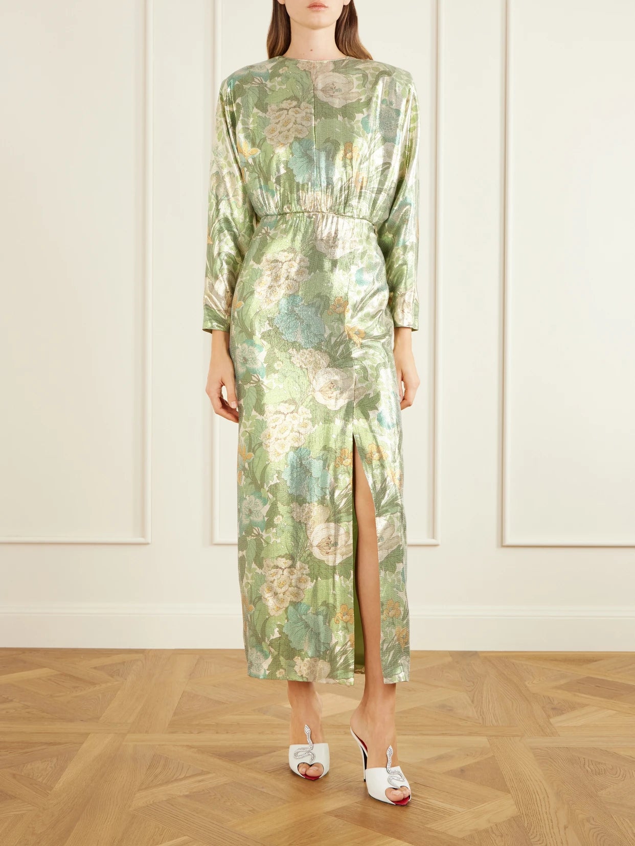 Image of Dresses. Product name - Cut-out Floral-print Silk-blend Lamé Midi Dress in Green colour by brand - Valentino Garavani