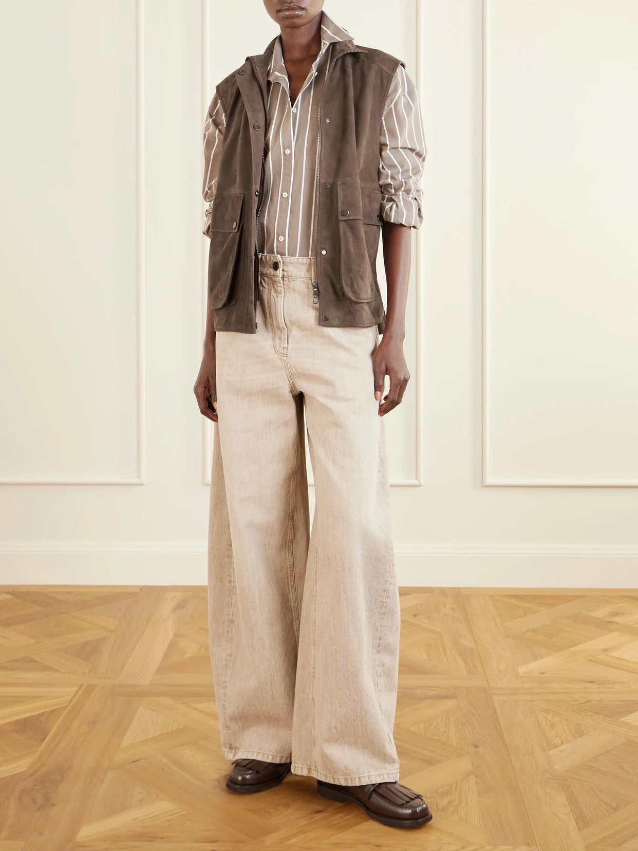 Image of Coats & Jackets. Product name - Embellished Suede Vest in Brown colour by brand - Brunello Cucinelli