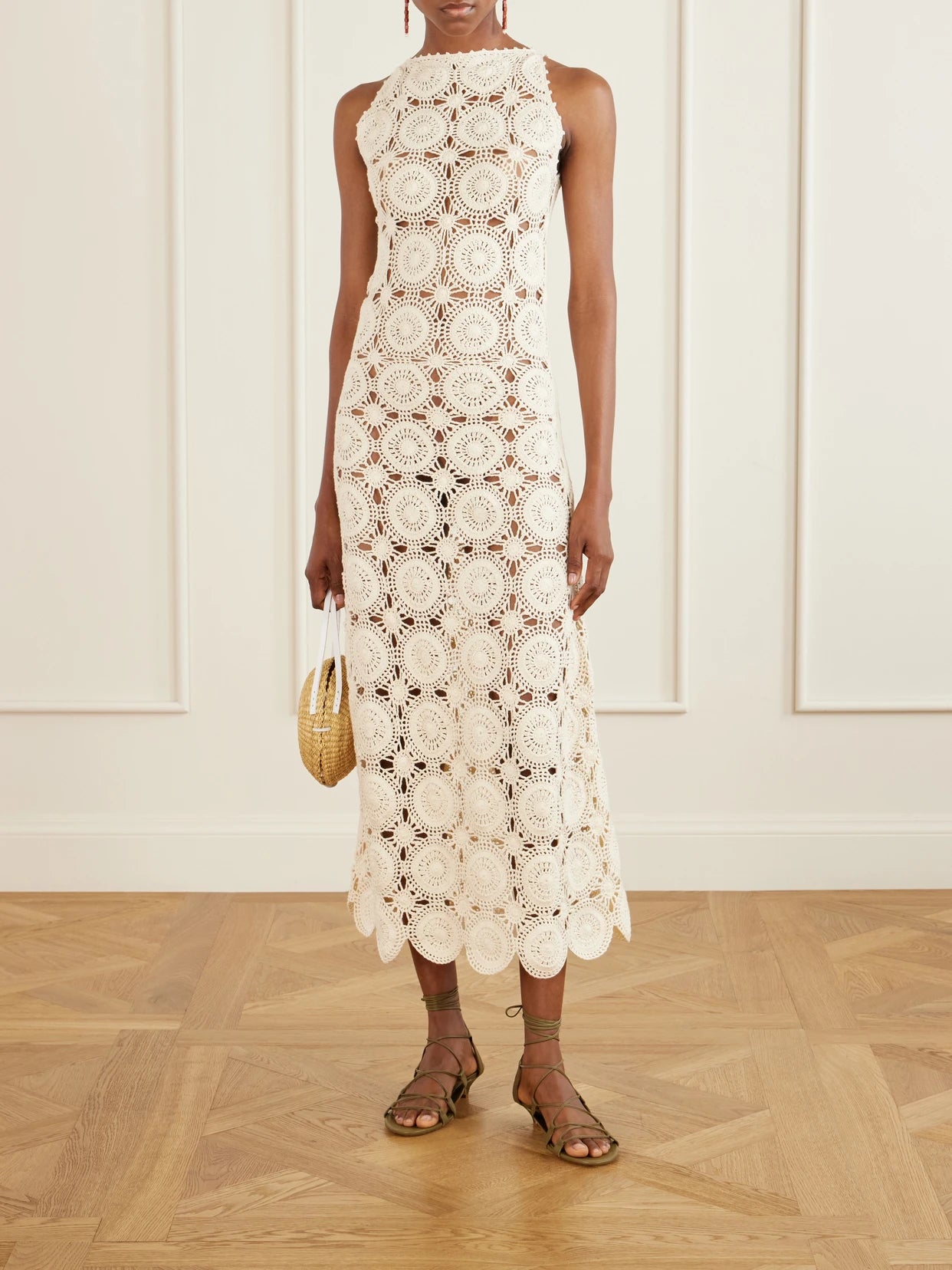 Image of Dresses. Product name - Siula Crocheted Cotton Halterneck Maxi Dress in Ivory colour by brand - ESCVDO