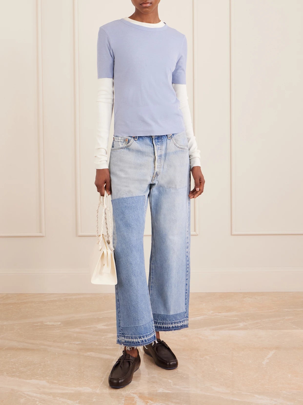 Image of Jeans. Product name - Vintage Patchwork No.2 Mid-rise Wide-leg Jeans in Light denim colour by brand - B SIDES