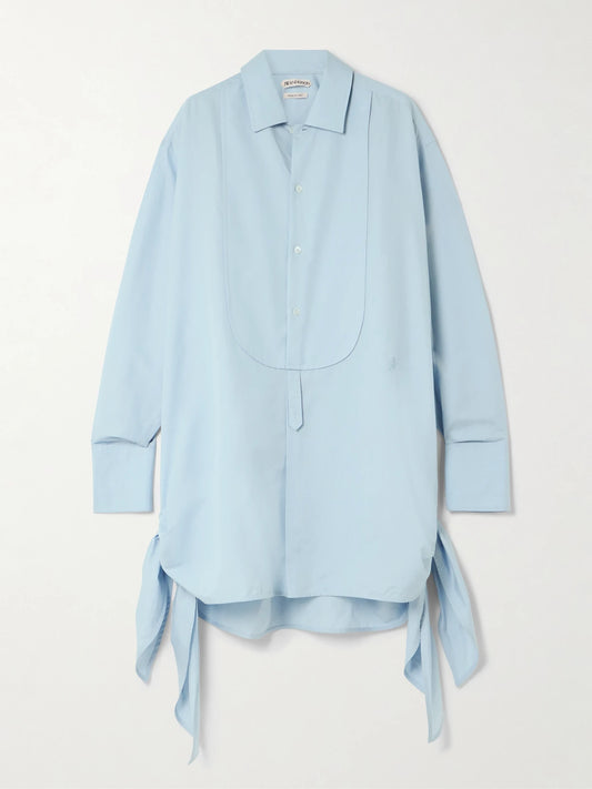 Image of Dresses. Product name - Tie-detailed Cotton And Silk-blend Mini Shirt Dress in Light blue colour by brand - JW Anderson