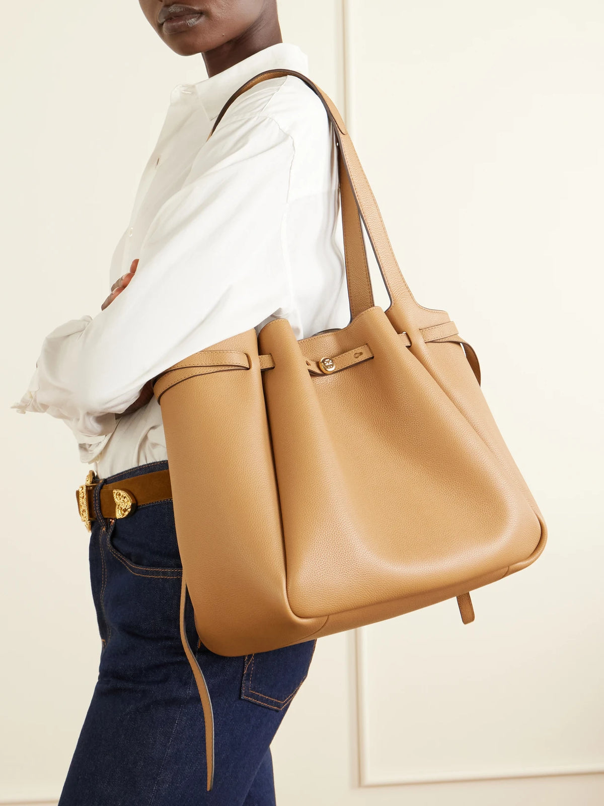 Image of Bags. Product name - Romy Textured-leather Tote in Tan colour by brand - Tory Burch