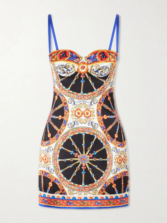 Image of Dresses. Product name - Caretto-print Satin Mini Dress in Multi colour by brand - Dolce & Gabbana