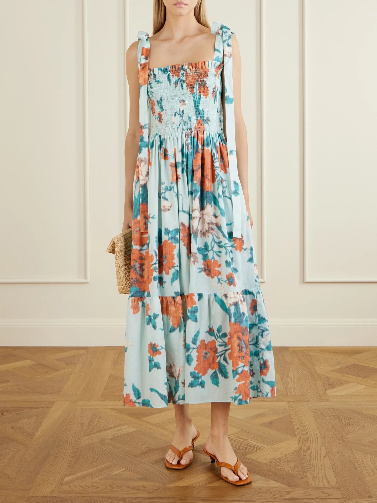 Image of Dresses. Product name - Shirred Floral-print Cotton Midi Dress in Blue colour by brand - Erdem