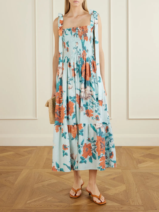 Image of Dresses. Product name - Shirred Floral-print Cotton Midi Dress in Blue colour by brand - Erdem