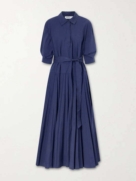 Image of Dresses. Product name - Arlo Cotton Belted Maxi Dress in Navy colour by brand - SIMKHAI