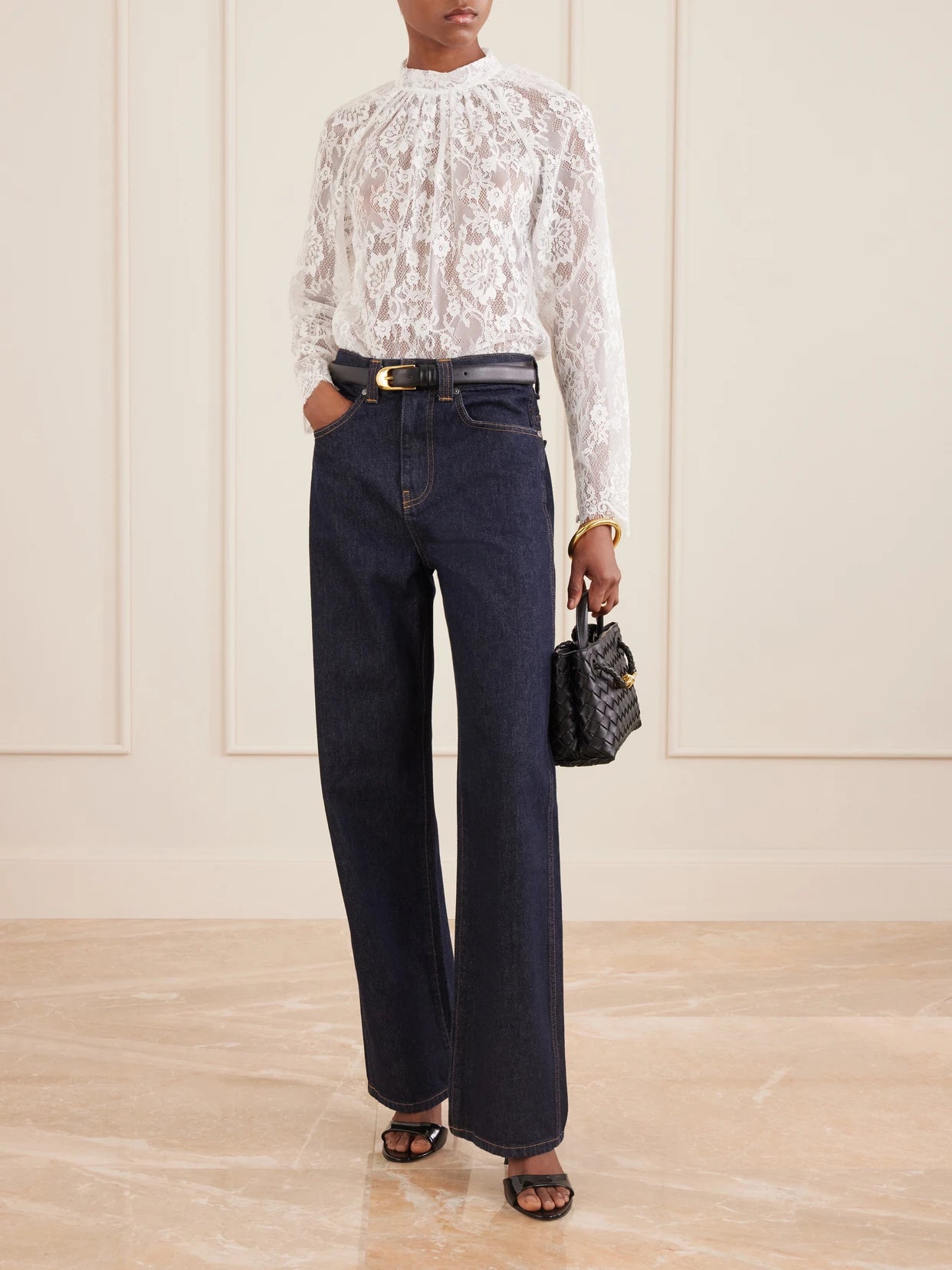 Image of a model wearing Tops. Product name - Scalloped Lace Blouse in White colour by brand - Self-Portrait
