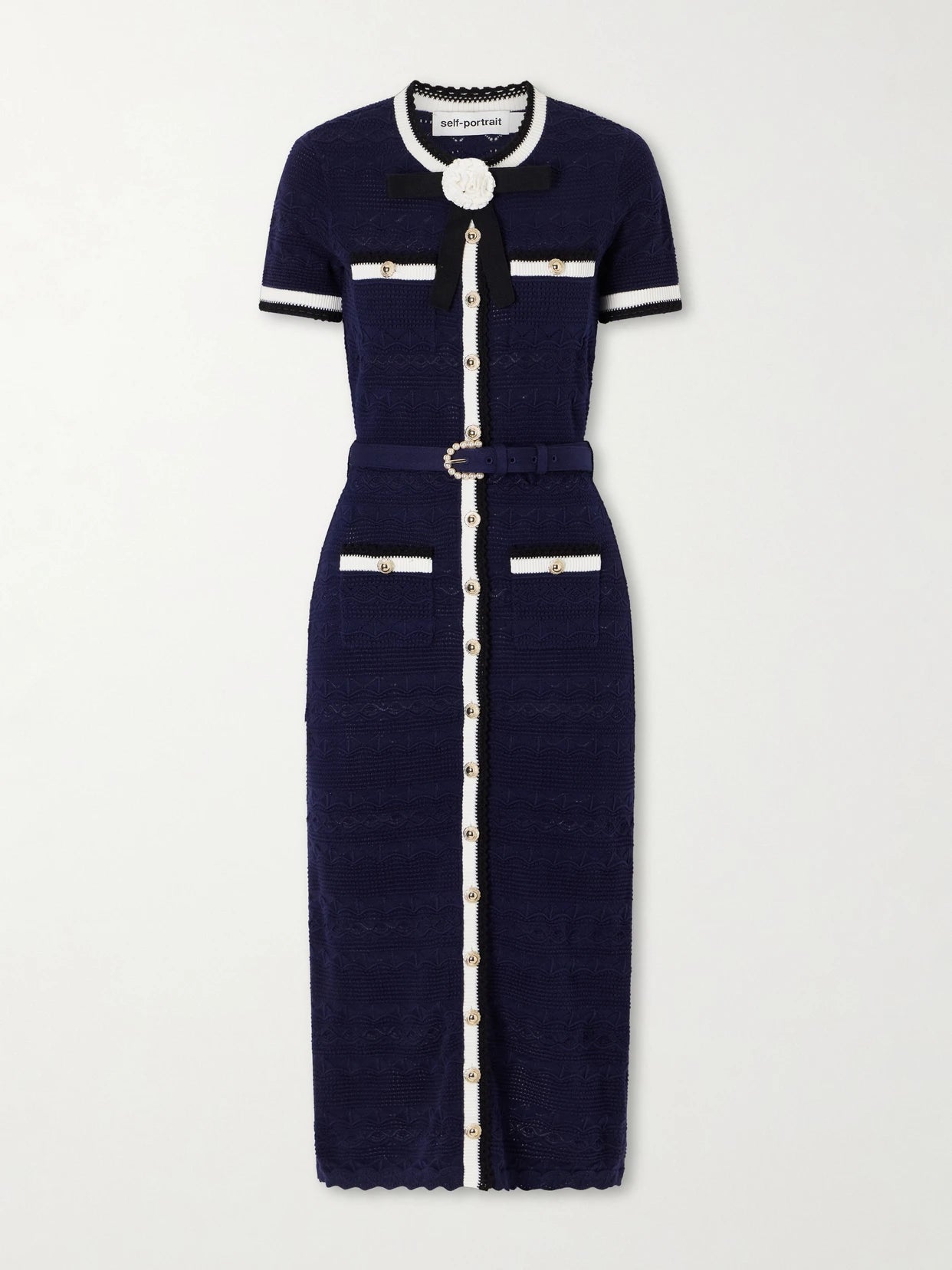 Image of Dresses. Product name - Embellished Bow-detailed Pointelle-knit Cotton-blend Midi Dress in Blue colour by brand - Self-Portrait