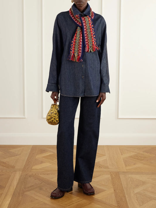 Image of Scarves & Shawls. Product name - Fringed Intrasia-knit Wool Scarf in Navy, Multi colour by brand - Dries Van Noten