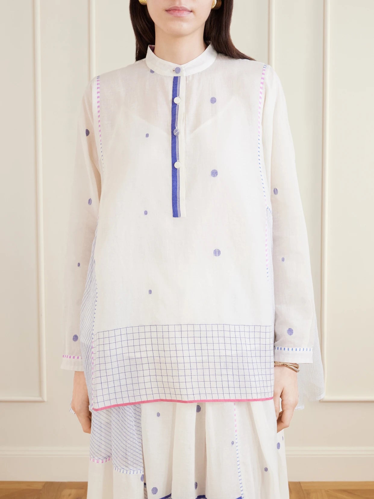 Cosmos Handwoven Cotton-jamdani Blouse Patched With Printed Stripes