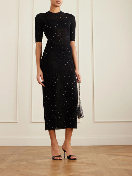 Image of Dresses. Product name - Studded Wool-blend Midi Dress in Black colour by brand - RABANNE