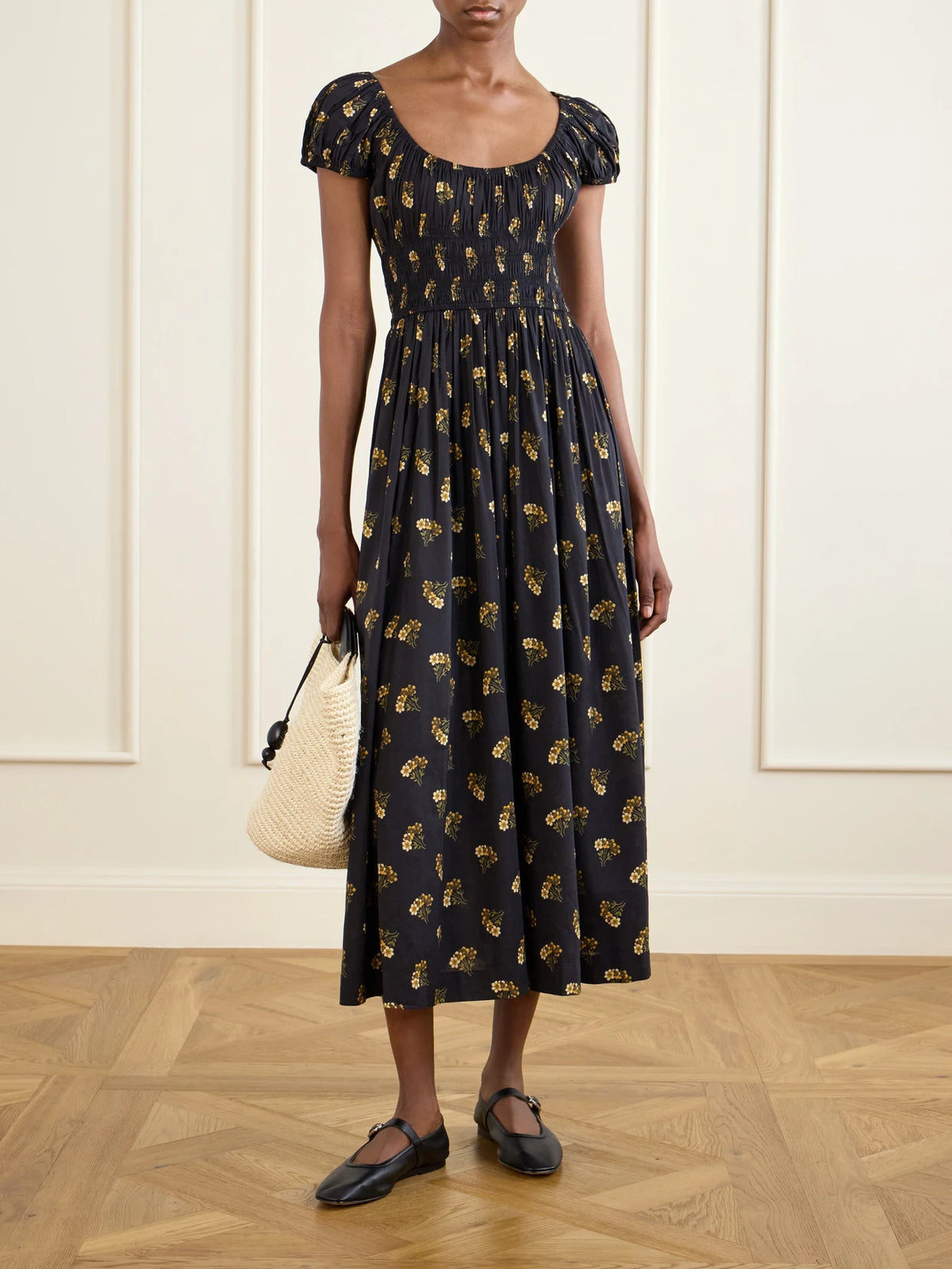 Image of Dresses. Product name - Quinley Shirred Floral-print Cotton-blend Poplin Midi Dress in Black colour by brand - DÔEN