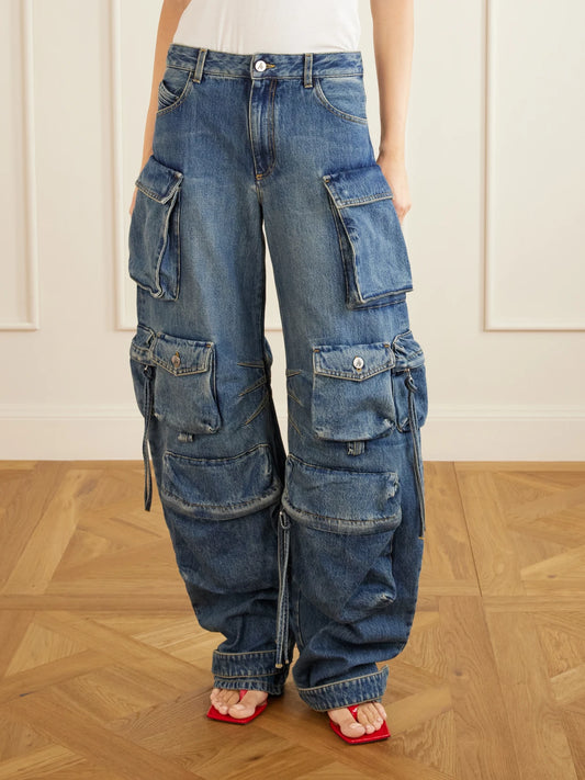 Tapered Mid-rise Wide-leg Cargo Jeans