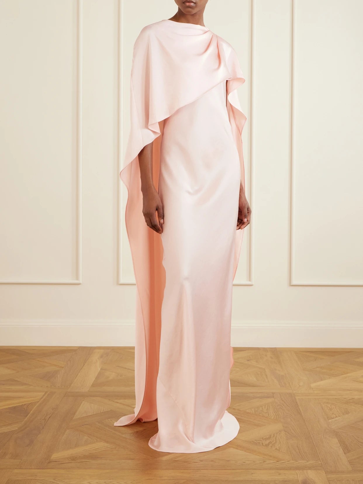 Image of Dresses. Product name - Izel Cape-effect Satin Gown in Baby pink colour by brand - SIMKHAI