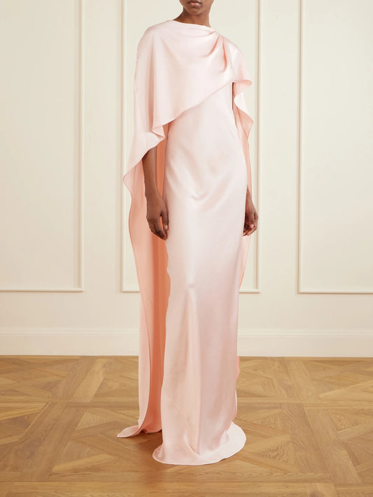 Image of Dresses. Product name - Izel Cape-effect Satin Gown in Baby pink colour by brand - SIMKHAI