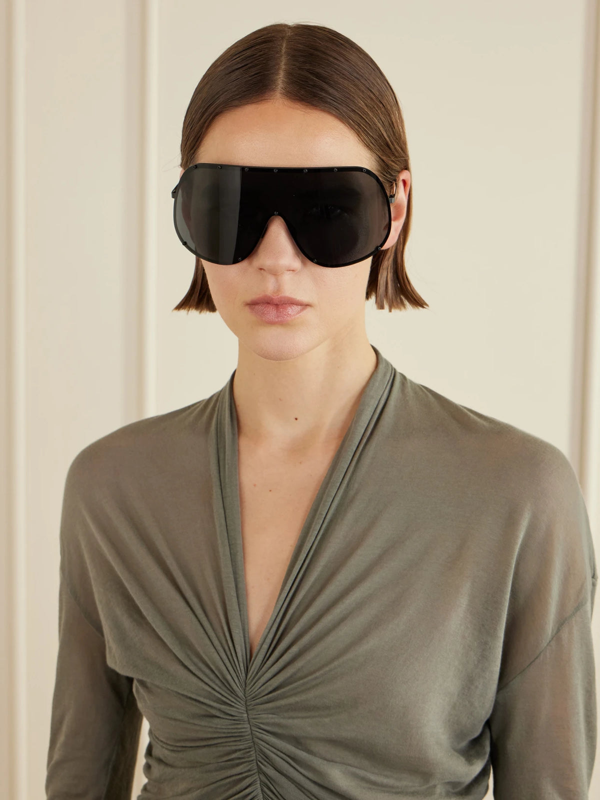 Image of Sunglasses. Product name - Shield Aviator-style Acetate Sunglasses in Black colour by brand - Rick Owens