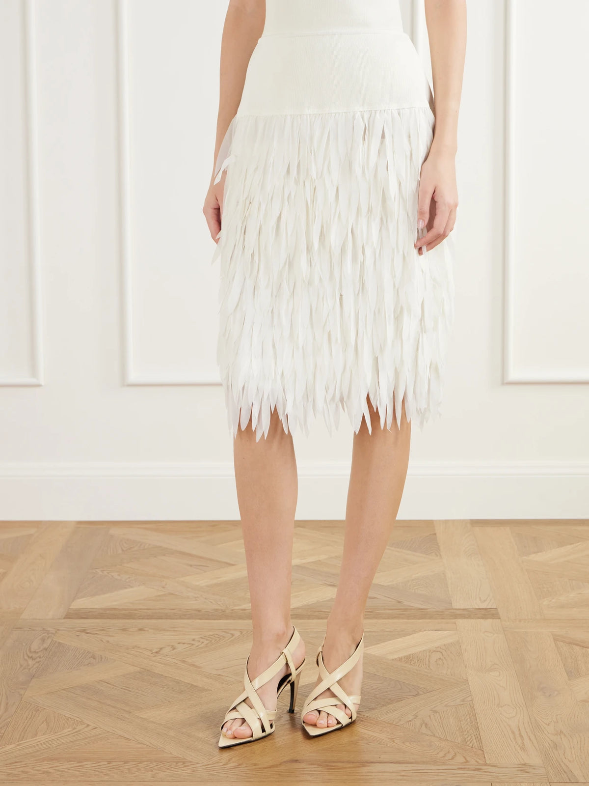 ST. AGNI Rib-trimmed Fringed Chiffon Midi Skirt
