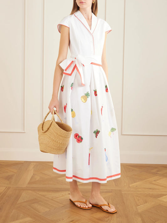 Image of Dresses. Product name - Giardino Belted Embroidered Cotton-poplin Dress in White colour by brand - Loretta Caponi