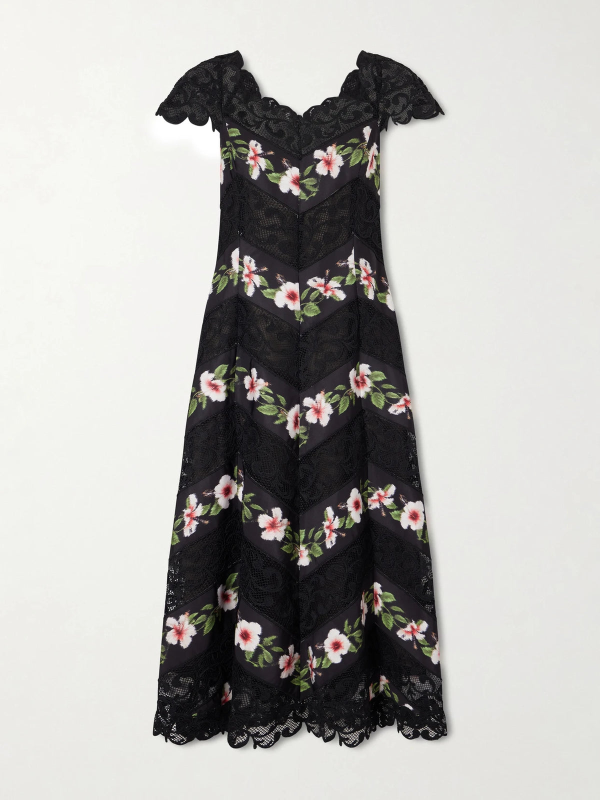 Floral-print Faille And Lace Midi Dress